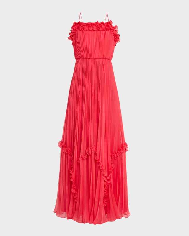 Sleeveless Pleated Ruffle-Trim Gown